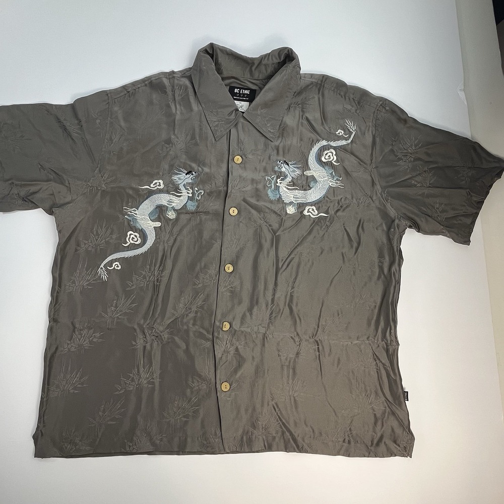 BC Ethic Shirt Mens XL Gray 100% Silk Dragon Embroidered Button Up Camp Bamboo